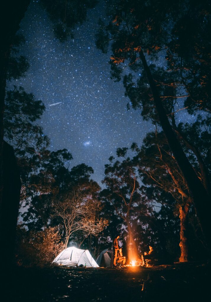 A camp fire scene under a starlit night sky similar to that in Australia where the author found celebrating her country difficult.