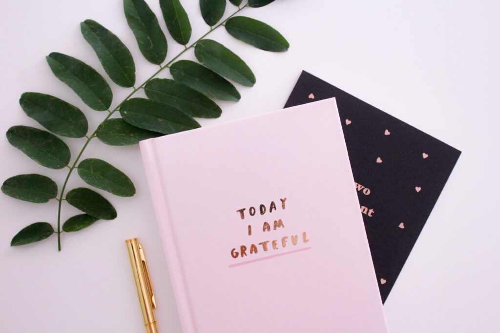 A journal that tells the story of gratitude with a pen and olive branch next to it.