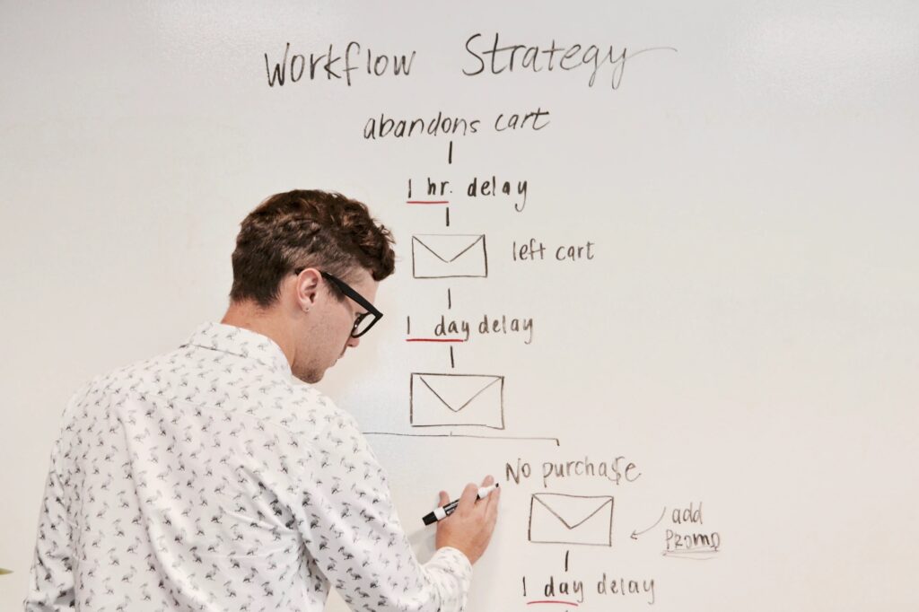 A man standing at a blackboard drawing out a strategy as he embraces the power of a plan