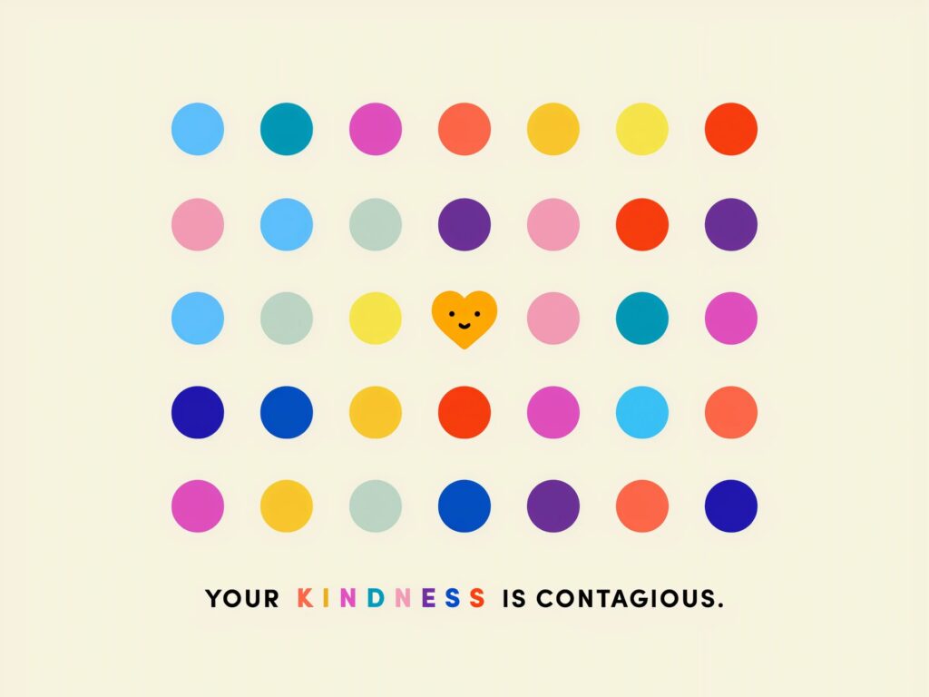 A grid of colorful dots with a heart face in the middle with saying “ kindness is contagious”. Be kind as you move into your edge