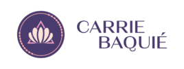 Carrie Baquie Name and Company Logo - Dark purple encircled with pink at center cream lotus overlaying ream outlined triangle